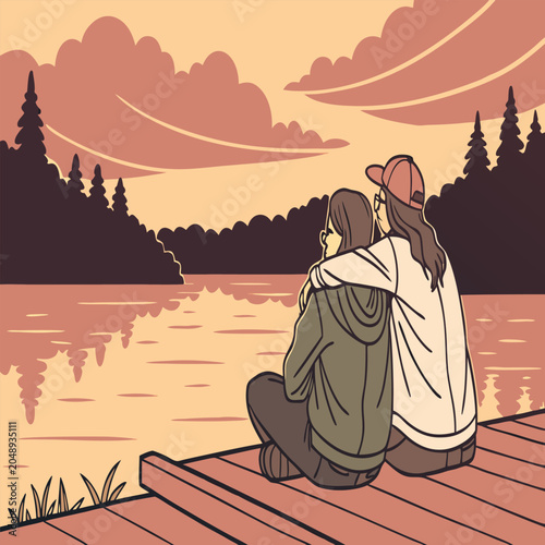Two friends sitting on a wooden dock enjoying a nature landscape with landscape peaceful together relaxing companionship tranquil