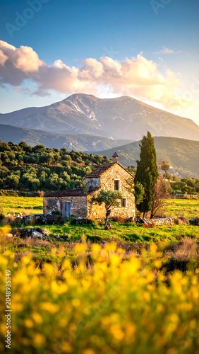 Scenic landscape featuring a stone house and distant mountain peak