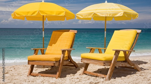 Two yellow cushioned wooden lounge chairs with matching yellow umbrellas on sandy beach facing turquoise ocean under partly cloudy sky perfect for summer vacation relaxation