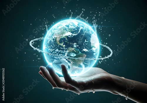 Glowing water earth globe floating over a human hand