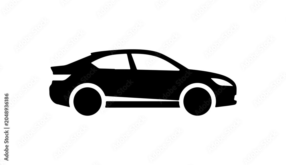 Fototapeta premium Black car silhouette, side view, vector icon, automotive symbol, transportation logo