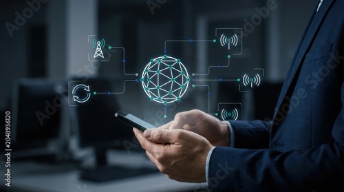 Photos Businessman using smartphone to manage global telecommunications network with di