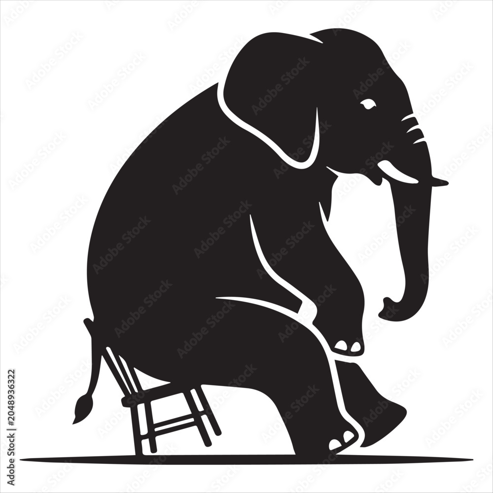 Fototapeta premium Elephant Awkwardly Perched On Small Chair Minimal Humor Concept