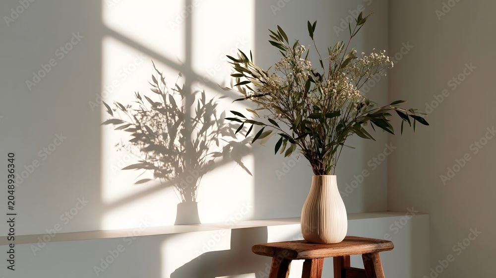 Fototapeta premium Dried botanical sprigs in a vase cast soft shadow patterns on a wooden surface
