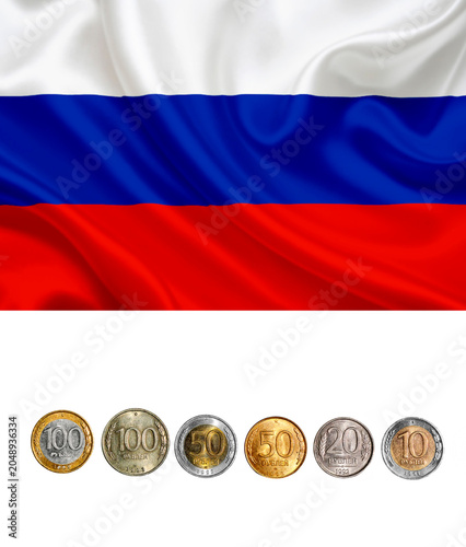 Russian flag and coins isolated on white background