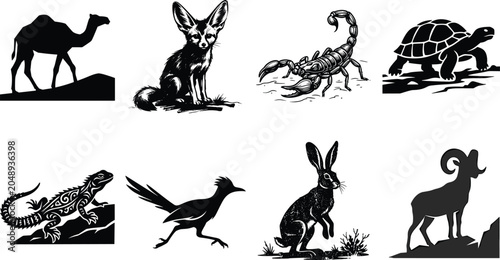 Canvas Print Desert animals silhouette icon set featuring camel fennec fox scorpion tortoise