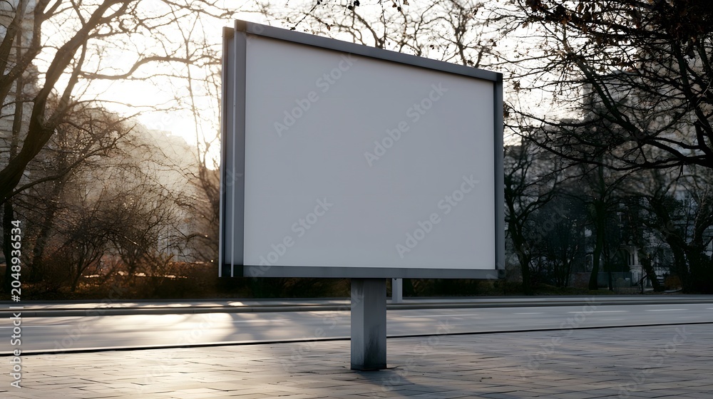 Obraz premium A blank billboard frame is set against a backdrop of bare trees and soft natural shadows