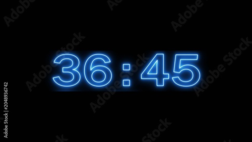 Neon countdown minute and second timer number on black background.