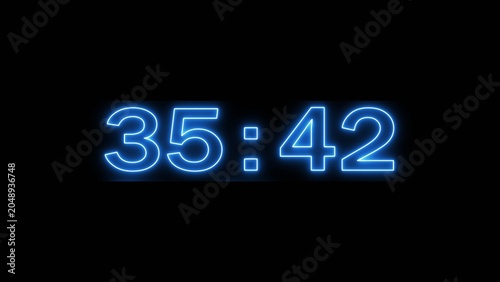Neon countdown minute and second timer number on black background.
