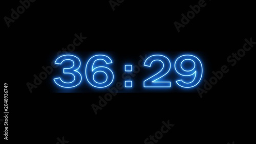Neon countdown minute and second timer number on black background.