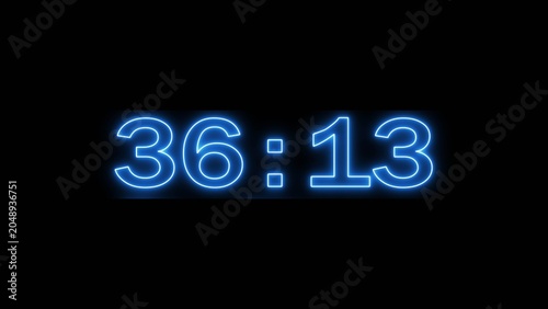 Neon countdown minute and second timer number on black background.