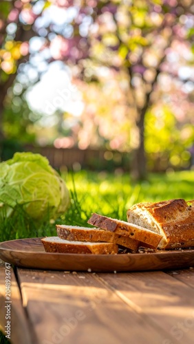 A serene outdoor setting with a wooden table holding a plate of sliced bread and a cabbage, surrounded by lush greenery and blooming trees