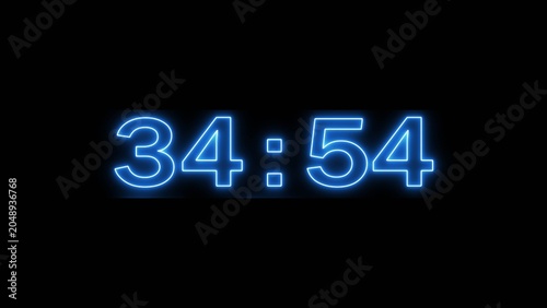 Neon countdown minute and second timer number on black background.