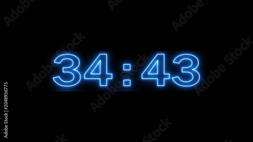 Neon countdown minute and second timer number on black background.