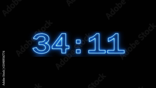 Neon countdown minute and second timer number on black background.