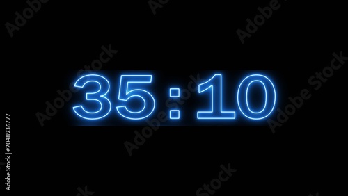 Neon countdown minute and second timer number on black background.