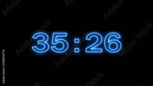 Neon countdown minute and second timer number on black background.