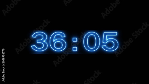 Neon countdown minute and second timer number on black background.