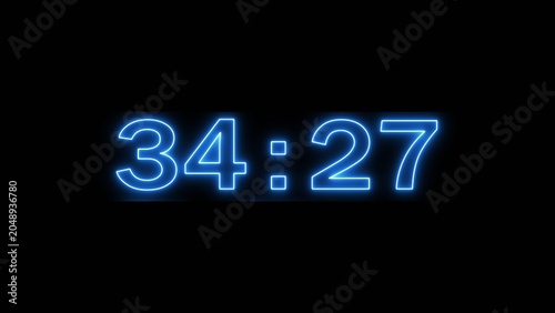 Neon countdown minute and second timer number on black background.