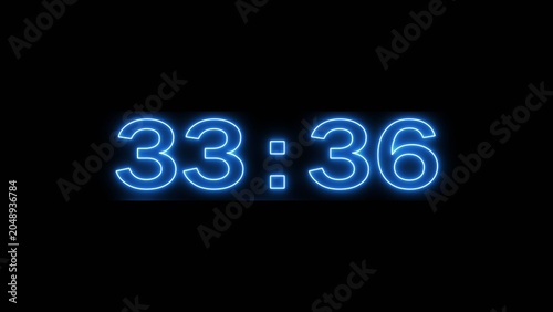 Neon countdown minute and second timer number on black background.