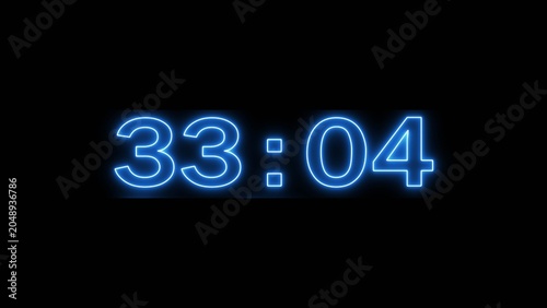 Neon countdown minute and second timer number on black background.