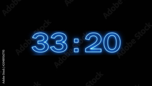 Neon countdown minute and second timer number on black background.
