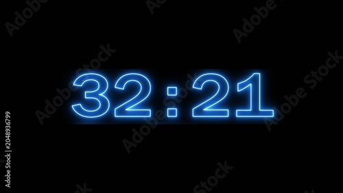 Neon countdown minute and second timer number on black background.
