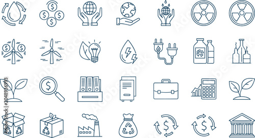 Bild auf Leinwand Green economy and renewable energy line icon set featuring sustainability recycl
