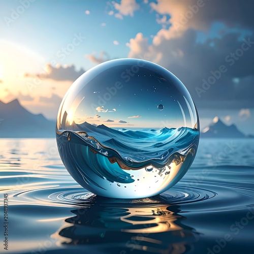 Glass orb reflecting ocean, waves, sky and mountains