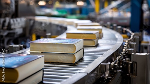 Books move along a factory conveyor belt