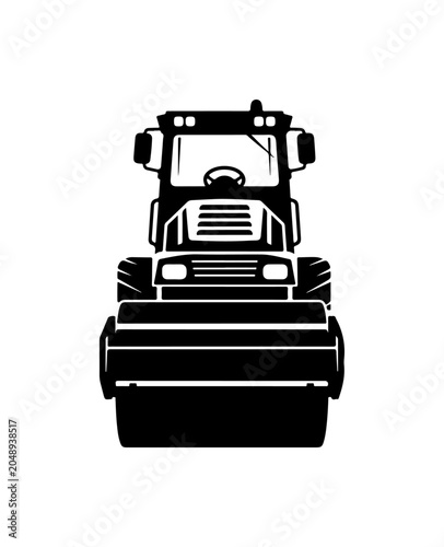 Black silhouette road roller, construction vehicle icon, heavy equipment symbol, industrial machinery