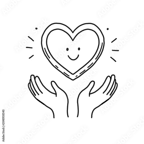 Hands holding a smiling heart illustration in simple line art  