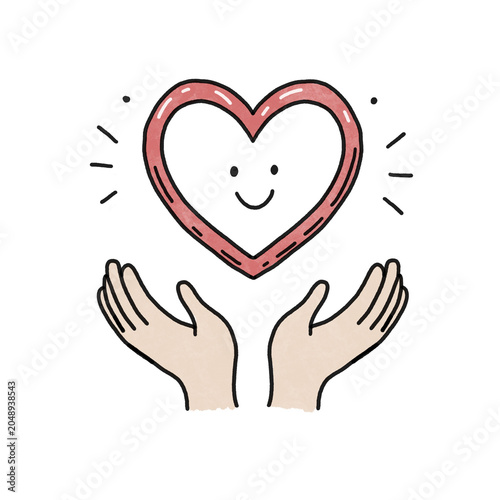 Hands holding smiling heart illustration with rays of joy  