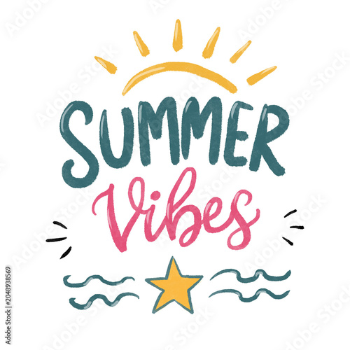 Summer vibes illustrated with sun, waves, and star in bright colors  