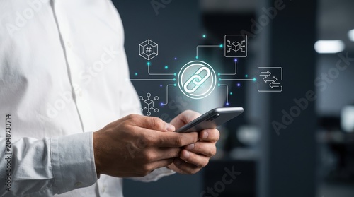 Fotografi Professional using smartphone to manage secure blockchain network with floating