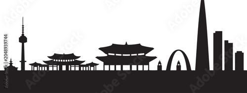 Welcome to South Korea City Skyline with Black Buildings. Vector Illustration. Tourism Concept with Historic Architecture. Vector Black silhouettes illustration