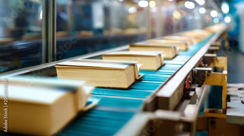 Wooden books glide on a conveyor belt
