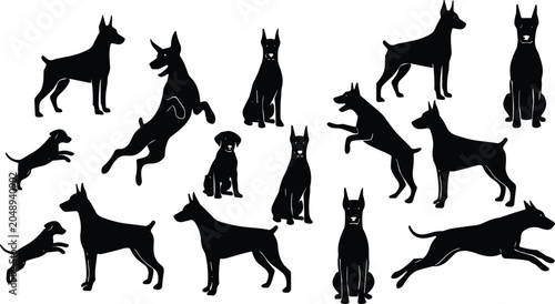 Bild auf Leinwand Black doberman pinscher dog silhouettes set with various poses including jumping