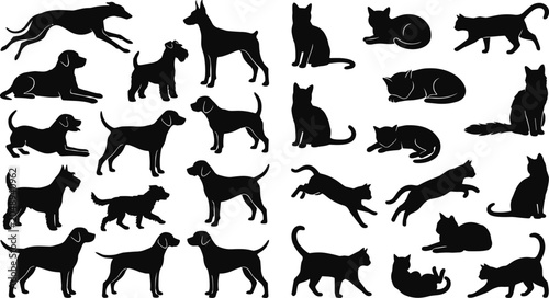 Large collection of black cat and dog silhouettes featuring various breeds and poses isolated on white background