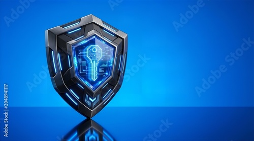 Advanced Cyber Security Shield with Glowing Digital Key for Data Protection, Online Privacy, and Secure Authentication