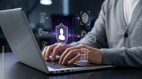 User typing on laptop keyboard with holographic security icons for secure digital identity and encrypted data protection, cybersecurity modern technology business concept
