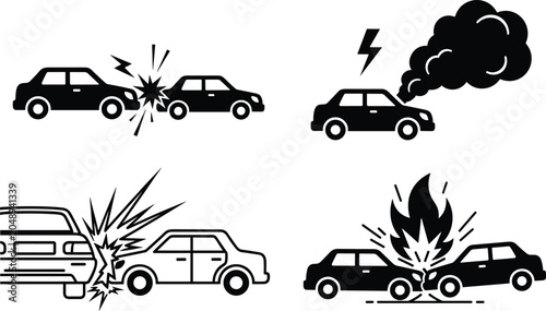 Car crash and road accident icon set with auto collision fire smoke and lightning symbols isolated on white background
