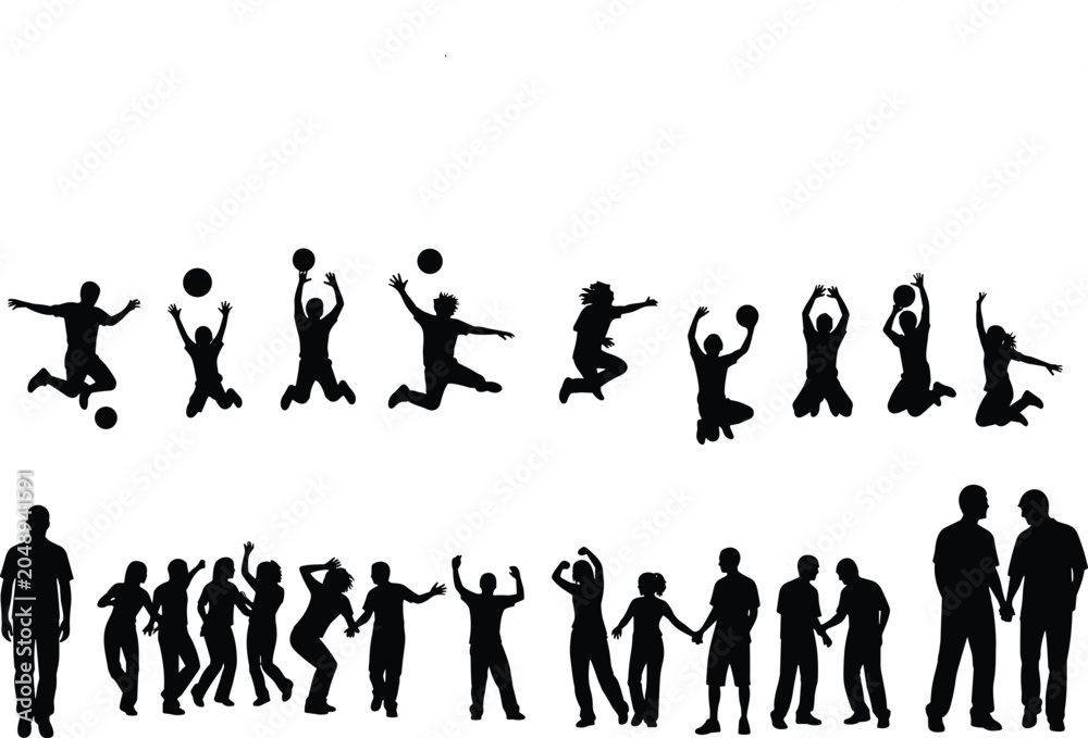 Obraz premium Large collection of black silhouettes featuring people playing volleyball jumping dancing and interacting isolated on white background