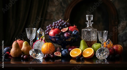 Elegant Still Life with Fruits Crystal Glassware and Decanter on Dark Wood