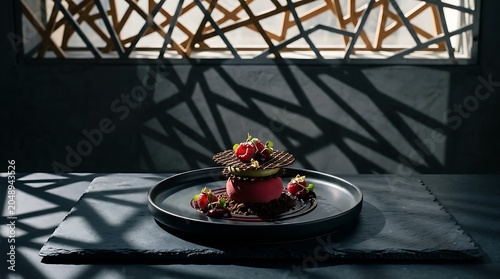 Gourmet pink mousse dessert with raspberries and chocolate lattice on a dark plate