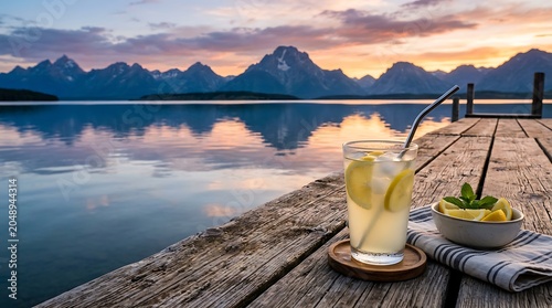 Iced Lemonade on a Wooden Dock with Mountain Lake Sunset View