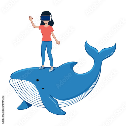 Woman wearing VR headset riding a whale