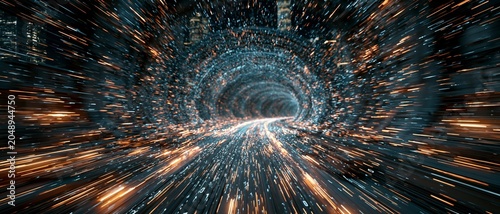 Digital tunnel flowing binary particle high speed data abstract motion cyber space light streak blue orange futuristic technology speed effect spiral tunnel