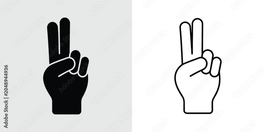 Fototapeta premium A set of two icons representing a victory or peace hand gesture, featuring both solid black and outlined styles.