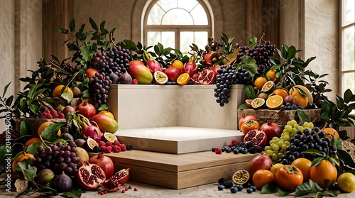 Luxurious fruit display with empty white podium for product placement